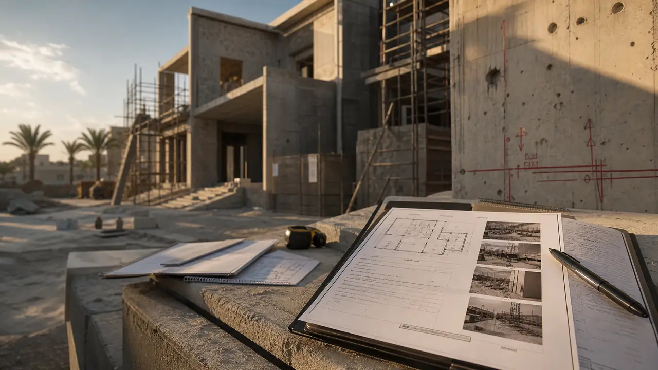 Construction site with field report pages and site photo evidence